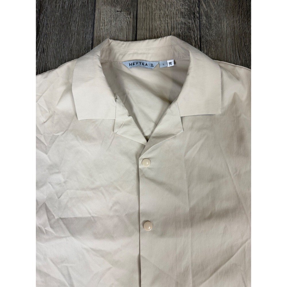 HEYTEA Camp Collar Snap Front Short Sleeve Shirt Tan Large Streetwear Minimalist - Picture 3 of 12